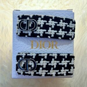 Dior Set of 2 Houndstooth Black, White & Gold Tweed Hair Clips with ‘CD’ emblem